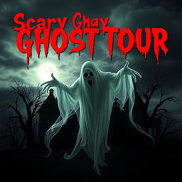 A terrifyingly atmospheric poster for a ghost tour, featuring a haunting spectral figure looming in the foreground