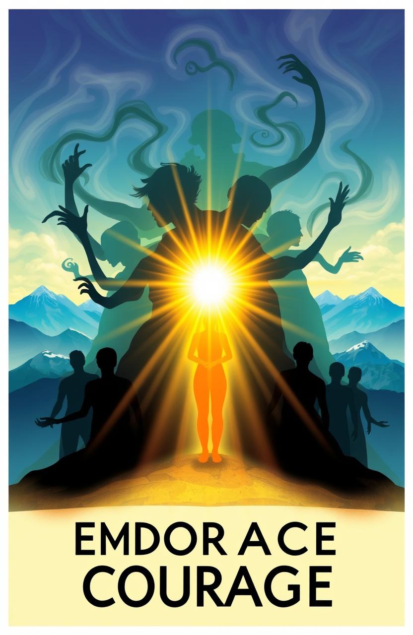 A symbolic representation of embracing courage as a radiant figure standing boldly against a backdrop of swirling, shadowy figures representing phobias