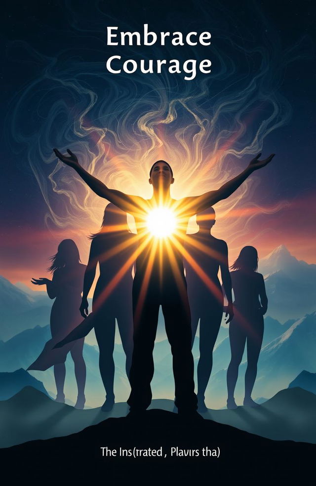 A symbolic representation of embracing courage as a radiant figure standing boldly against a backdrop of swirling, shadowy figures representing phobias