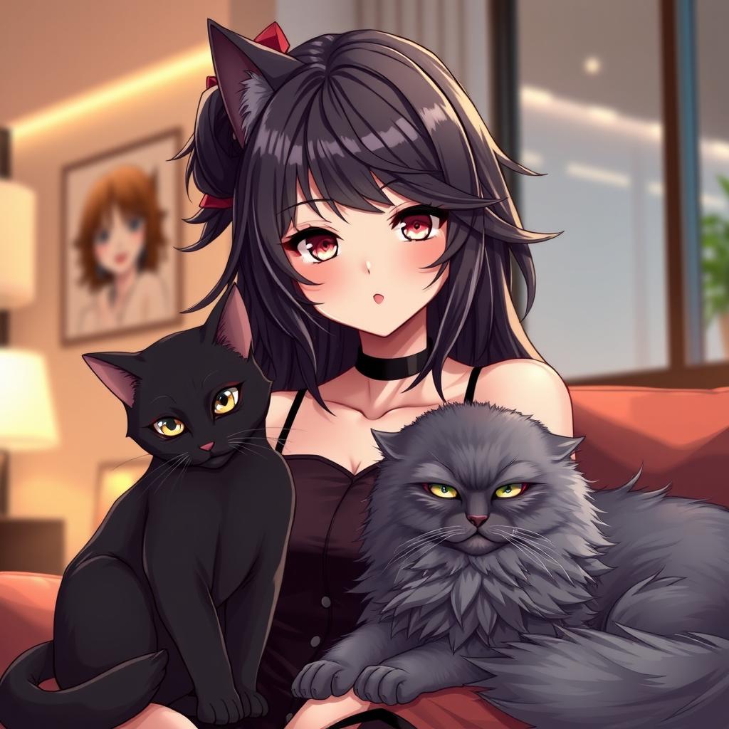 A stunning anime girl with an alluring presence, accompanied by two distinct cats