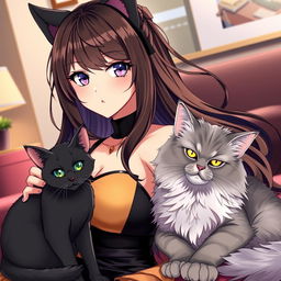 A stunning anime girl with an alluring presence, accompanied by two distinct cats