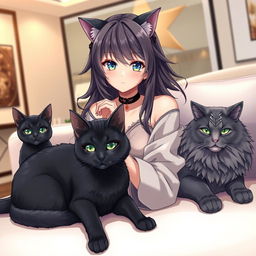 A stunning anime girl with an alluring presence, accompanied by two distinct cats