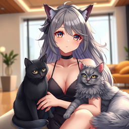 A stunning anime girl with an alluring presence, accompanied by two distinct cats