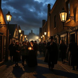 A group of people on a ghost tour at night, walking through an eerie old town with cobblestone streets and antique street lamps casting a dim light