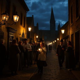 A group of people on a ghost tour at night, walking through an eerie old town with cobblestone streets and antique street lamps casting a dim light