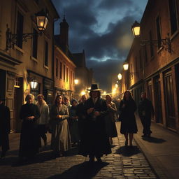 A group of people on a ghost tour at night, walking through an eerie old town with cobblestone streets and antique street lamps casting a dim light