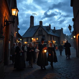 A group of people on a ghost tour at night, walking through an eerie old town with cobblestone streets and antique street lamps casting a dim light