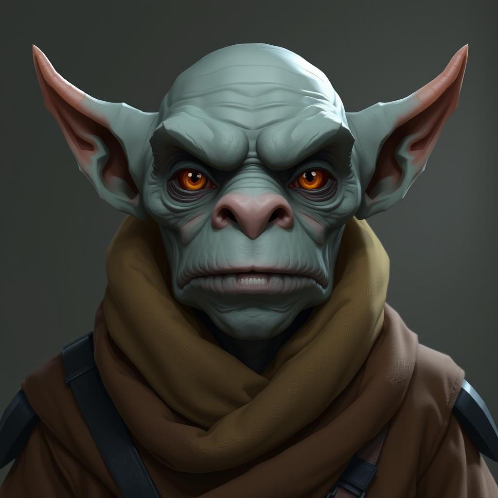 Ork with grey skin and flat nose wearing a brown robe with black accents, showcasing intriguing amber eyes.