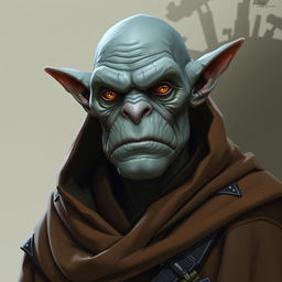 Ork with grey skin and flat nose wearing a brown robe with black accents, showcasing intriguing amber eyes.