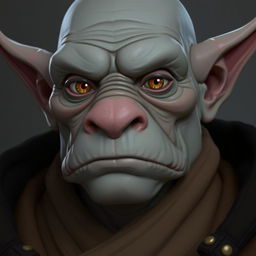 Ork with grey skin and flat nose wearing a brown robe with black accents, showcasing intriguing amber eyes.