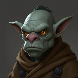 Ork with grey skin and flat nose wearing a brown robe with black accents, showcasing intriguing amber eyes.