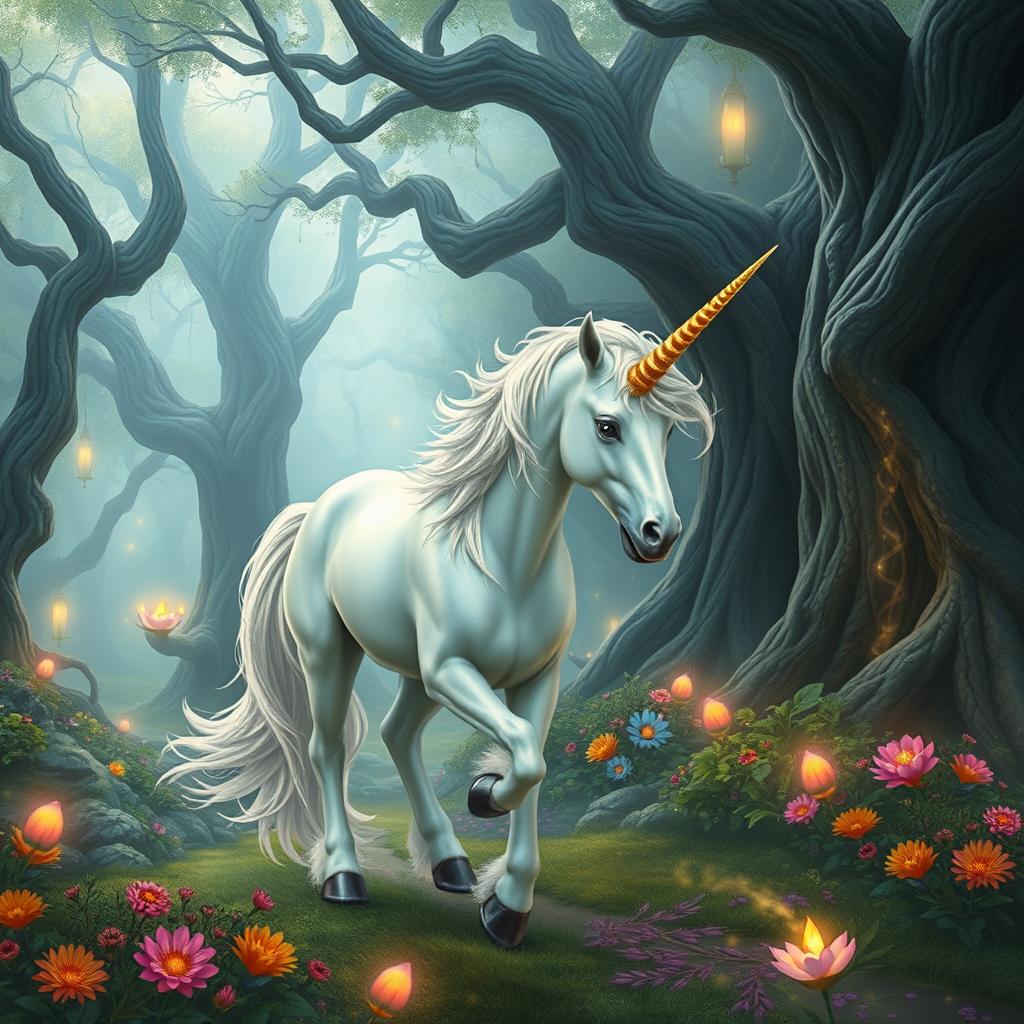 A mystical unicorn gracefully wandering through an enchanting fantasy forest