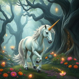 A mystical unicorn gracefully wandering through an enchanting fantasy forest