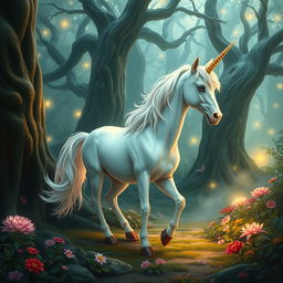 A mystical unicorn gracefully wandering through an enchanting fantasy forest