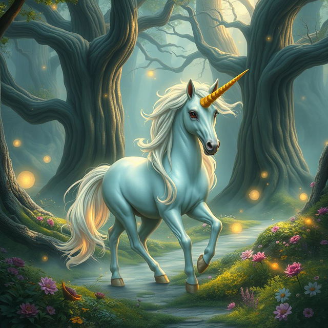 A mystical unicorn gracefully wandering through an enchanting fantasy forest