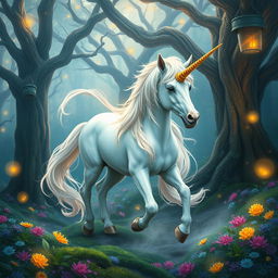 A mystical unicorn gracefully wandering through an enchanting fantasy forest