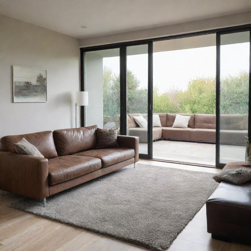 A cozy living room featuring a large, plush brown sofa, a soft grey rug spread on the floor, and a glass sliding door letting in abundant natural light.