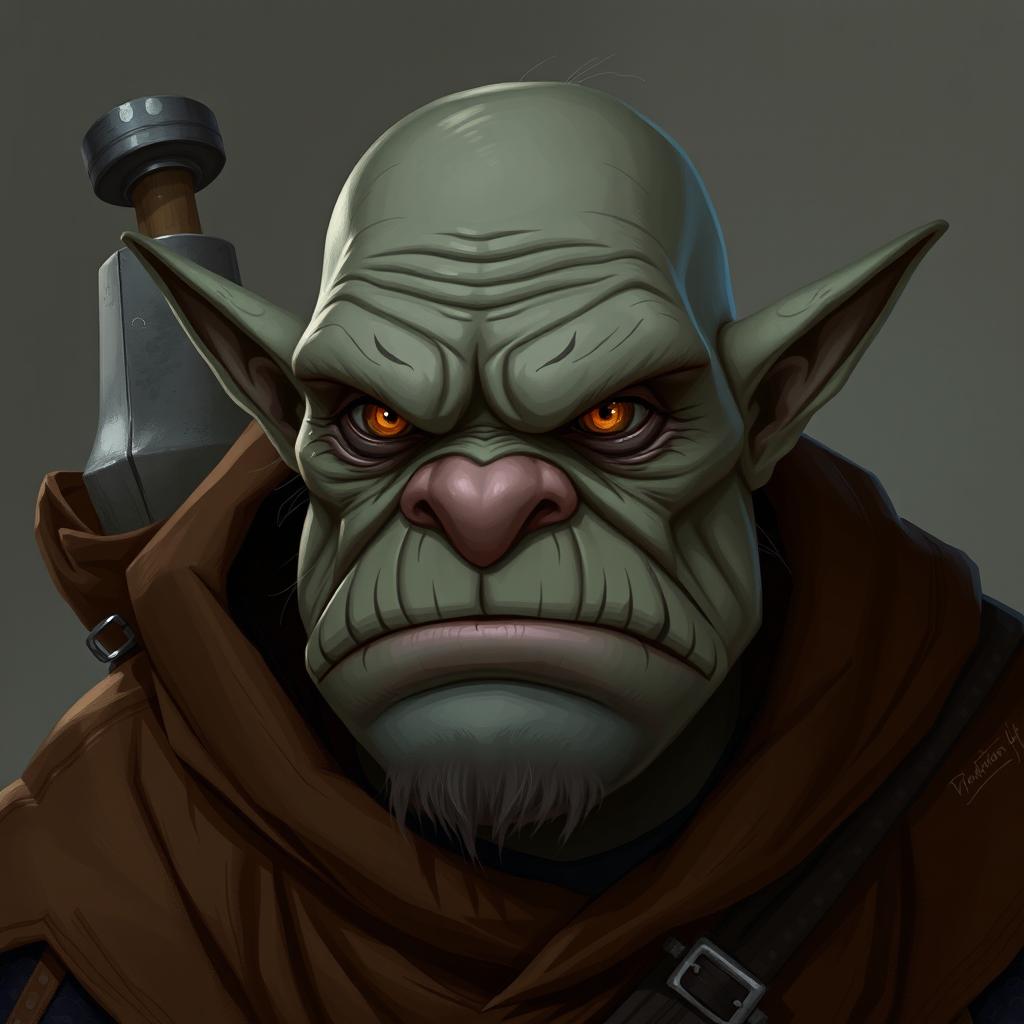 Ork with grey skin and flat nose, wearing a brown robe with black accents, showcasing intriguing amber eyes, with a mace strapped on their back