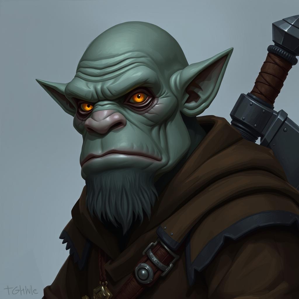 Ork with grey skin and flat nose, wearing a brown robe with black accents, showcasing intriguing amber eyes, with a mace strapped on their back