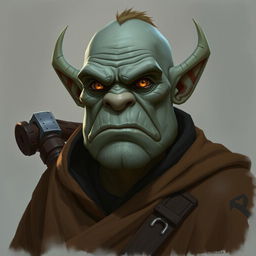 Ork with grey skin and flat nose, wearing a brown robe with black accents, showcasing intriguing amber eyes, with a mace strapped on their back