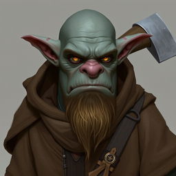 Ork with grey skin and flat nose, wearing a brown robe with black accents, showcasing intriguing amber eyes, with a mace strapped on their back