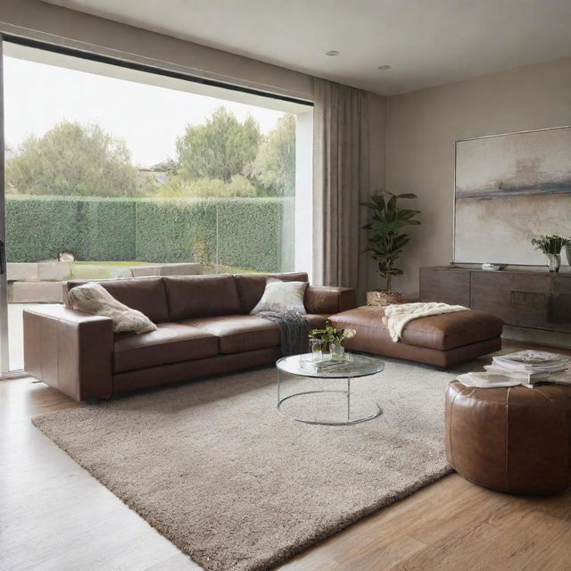 A cozy living room featuring a large, plush brown sofa, a soft grey rug spread on the floor, and a glass sliding door letting in abundant natural light.