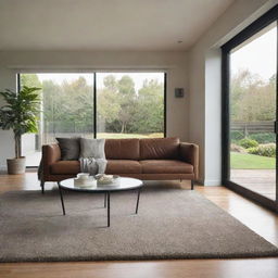 A cozy living room featuring a large, plush brown sofa, a soft grey rug spread on the floor, and a glass sliding door letting in abundant natural light.