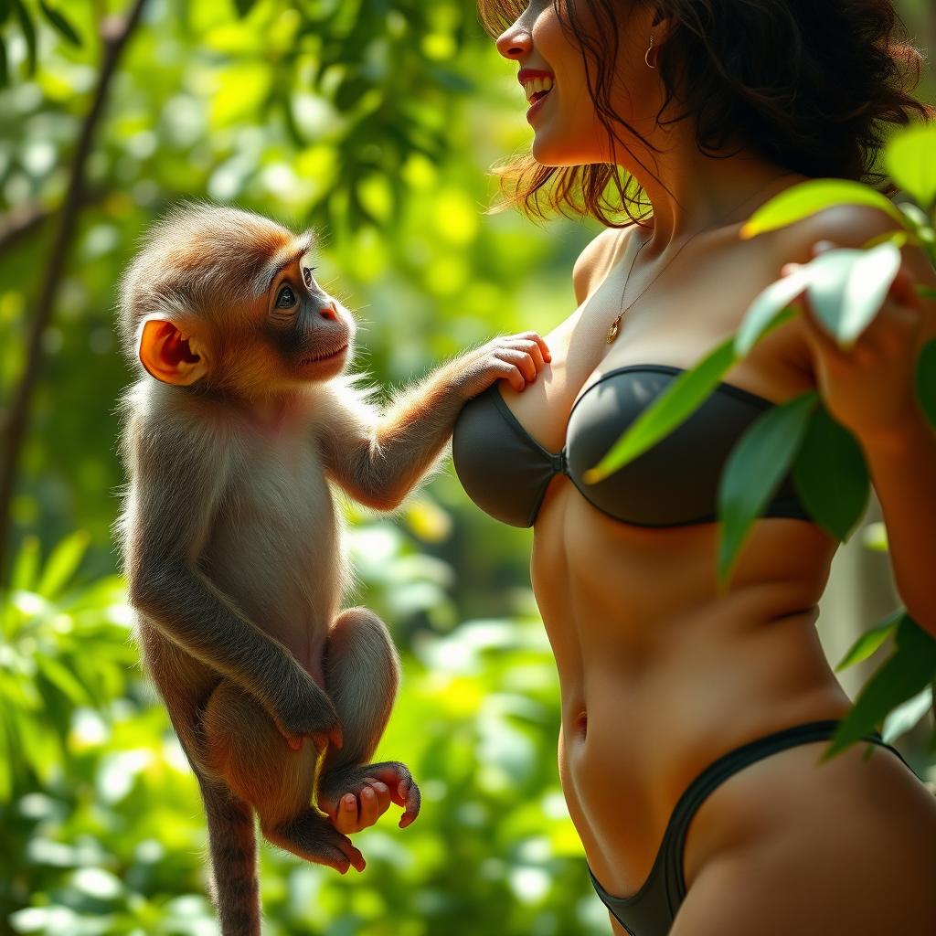 a playful monkey gently touching a slim woman's navel, the monkey is curious and the woman is laughing, sunny day in a lush green forest, vibrant colors, realistic and detailed