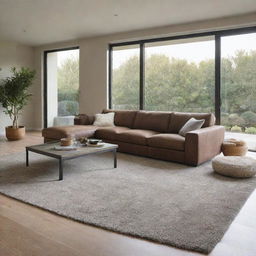 A cozy living room featuring a large, plush brown sofa, a soft grey rug spread on the floor, and a glass sliding door letting in abundant natural light.