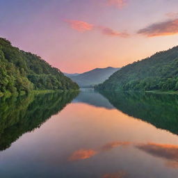 A serene landscape with a tranquil lake reflecting a sunset colored sky, surrounded by gentle hills covered in lush greenery.