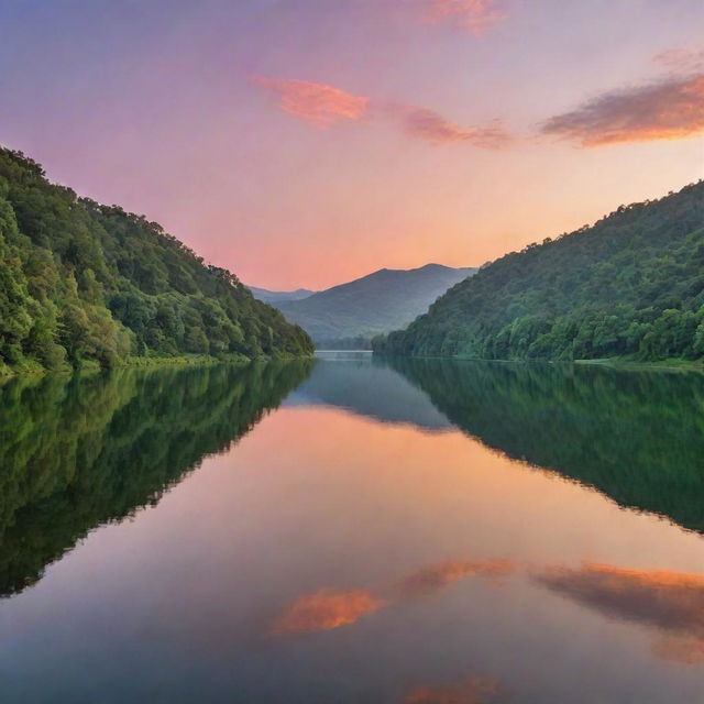 A serene landscape with a tranquil lake reflecting a sunset colored sky, surrounded by gentle hills covered in lush greenery.