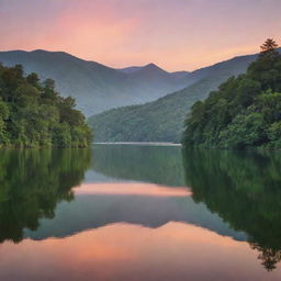 A serene landscape with a tranquil lake reflecting a sunset colored sky, surrounded by gentle hills covered in lush greenery.