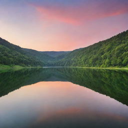 A serene landscape with a tranquil lake reflecting a sunset colored sky, surrounded by gentle hills covered in lush greenery.