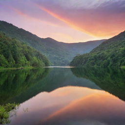 A serene landscape with a tranquil lake reflecting a sunset colored sky, surrounded by gentle hills covered in lush greenery.