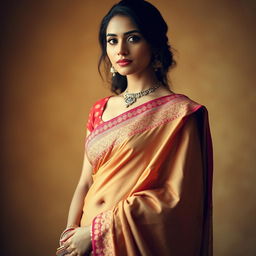 A beautiful woman wearing an elegant saree, with a focus on her midriff where the saree gently reveals her navel