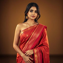 A beautiful woman wearing an elegant saree, with a focus on her midriff where the saree gently reveals her navel