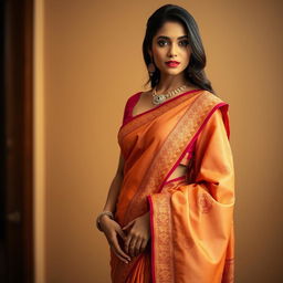 A beautiful woman wearing an elegant saree, with a focus on her midriff where the saree gently reveals her navel