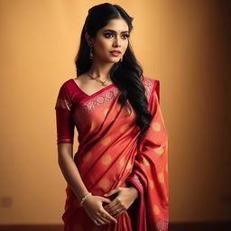 A beautiful woman wearing an elegant saree, with a focus on her midriff where the saree gently reveals her navel