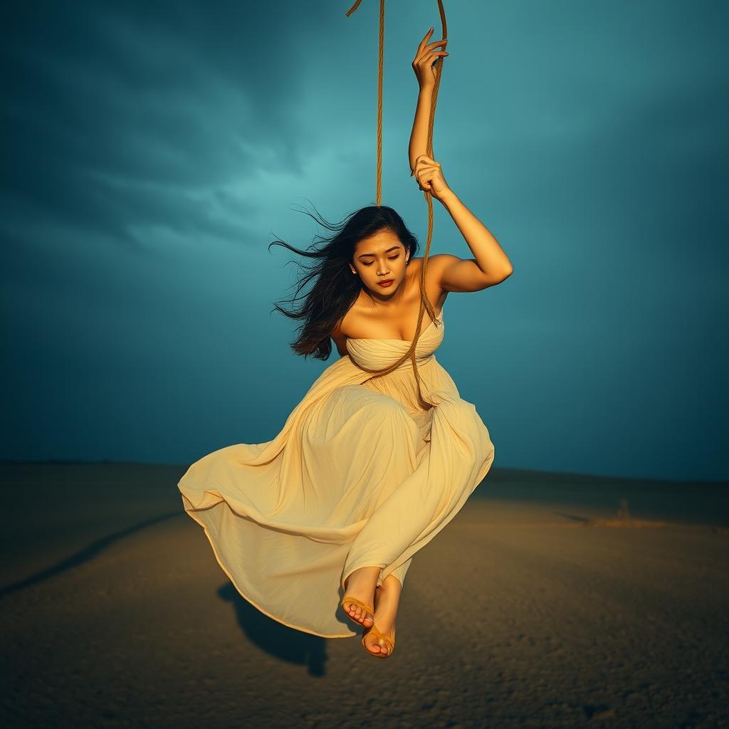 A dramatic scene depicting a woman in suspended animation, gently hanging in the air, capturing a moment of tension and emotion