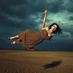 A dramatic scene depicting a woman in suspended animation, gently hanging in the air, capturing a moment of tension and emotion