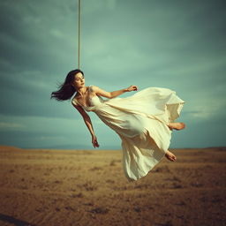 A dramatic scene depicting a woman in suspended animation, gently hanging in the air, capturing a moment of tension and emotion