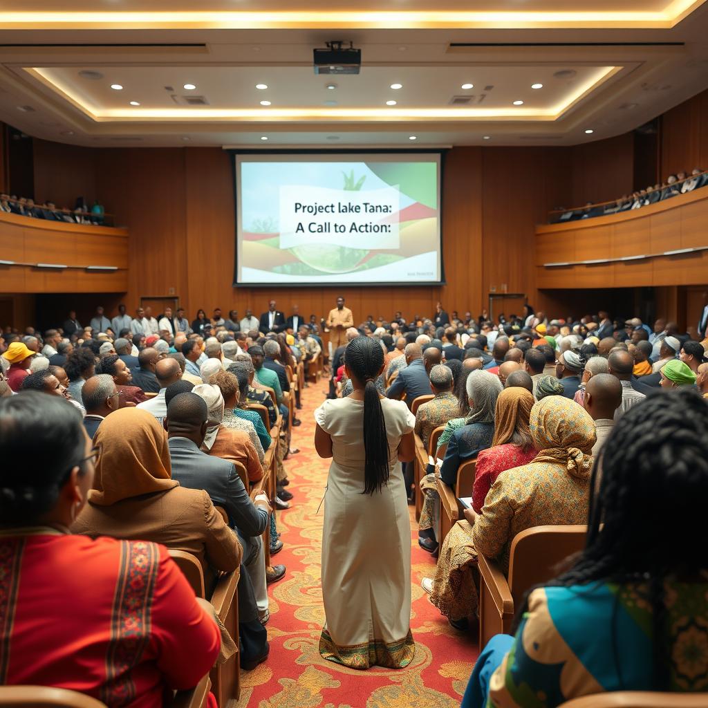 A grand meeting hall in Ethiopia filled with diverse participants including scholars, government officials, and community members