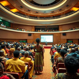 A grand meeting hall in Ethiopia filled with diverse participants including scholars, government officials, and community members