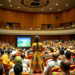 A grand meeting hall in Ethiopia filled with diverse participants including scholars, government officials, and community members