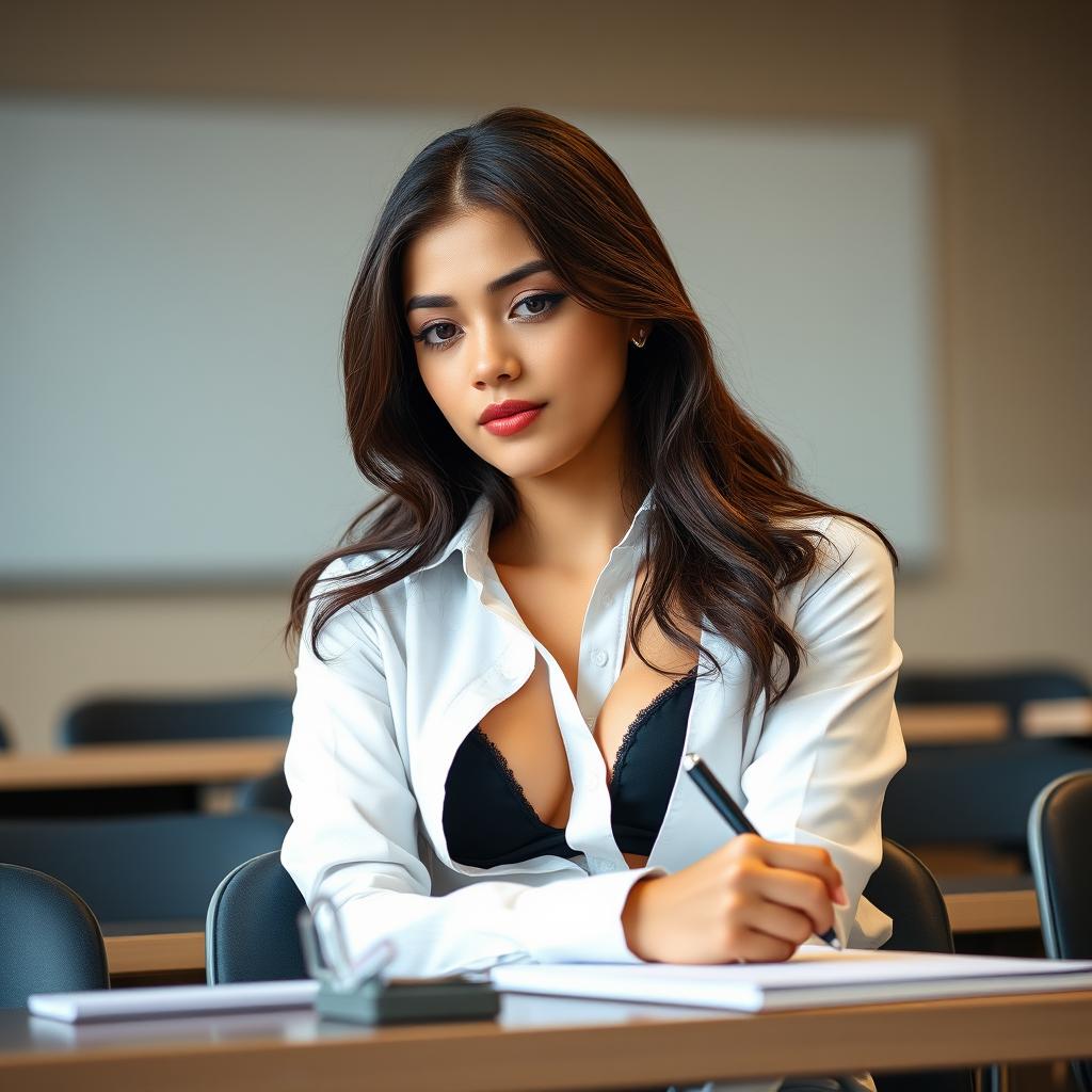 A confident young woman is seated in a classroom, embodying a casual yet stylish aura