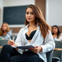 A confident young woman is seated in a classroom, embodying a casual yet stylish aura