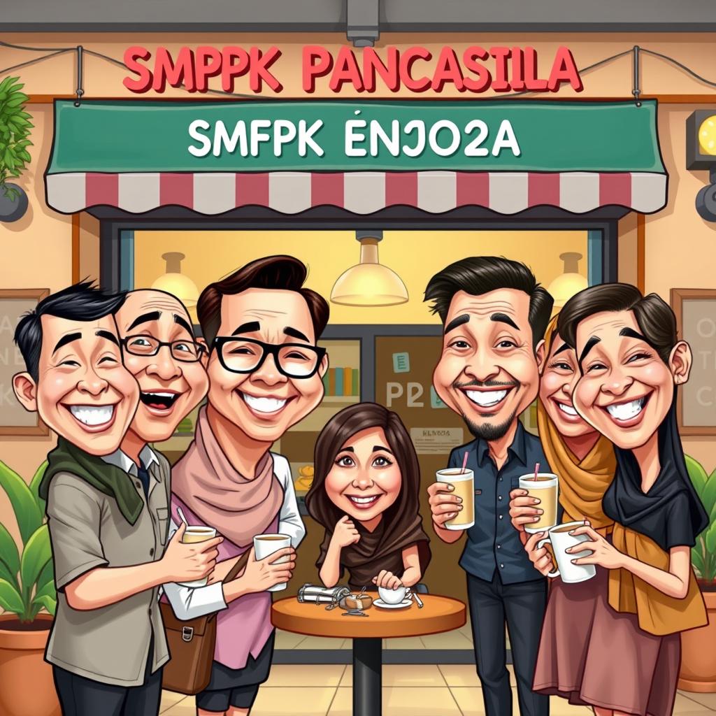 A lively and humorous caricature of a reunion event at SMPK Pancasila in 2025, set in front of a charming coffee shop