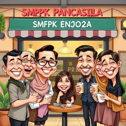 A lively and humorous caricature of a reunion event at SMPK Pancasila in 2025, set in front of a charming coffee shop