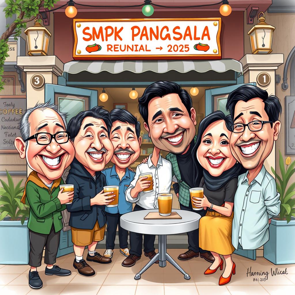 A lively and humorous caricature of a reunion event at SMPK Pancasila in 2025, set in front of a charming coffee shop