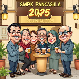 A lively and humorous caricature of a reunion event at SMPK Pancasila in 2025, set in front of a charming coffee shop